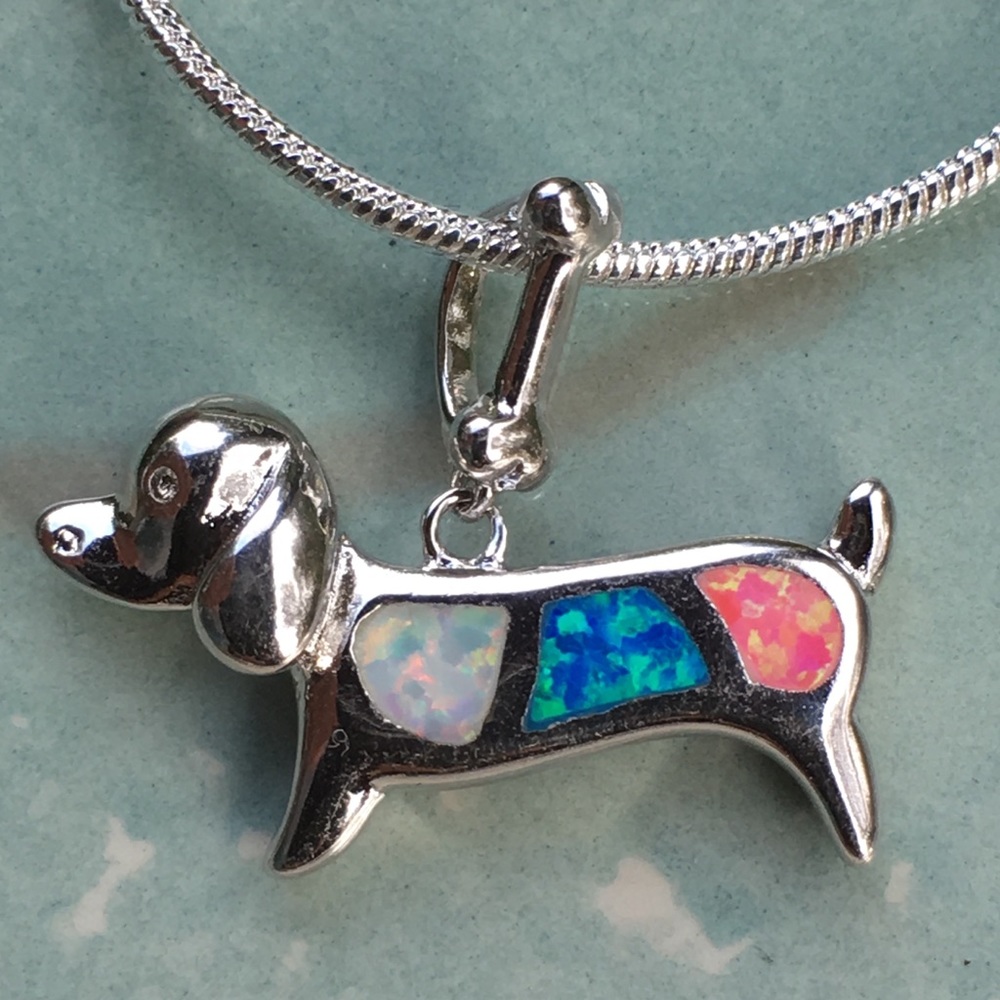 Sterling silver plt & opal 🐶 dog, bone and chain